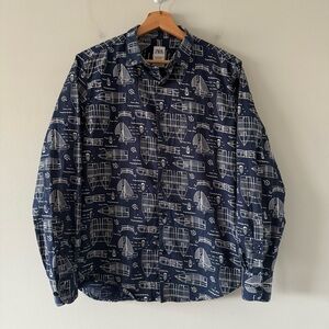 Zara Button Up Shirt Mens M Blue Sailboats Nautical Resortwear Preppy Coastal